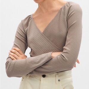 Gap Modern Ribbed Wrap Shirt in Tan Taupe Long Sleeve Size Small